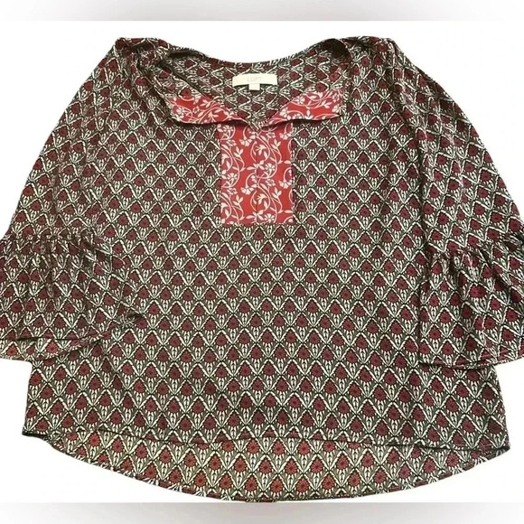 Loft Red and Blue Patterned Quarter  Bell Sleeve Blouse Size S - Picture 1 of 4